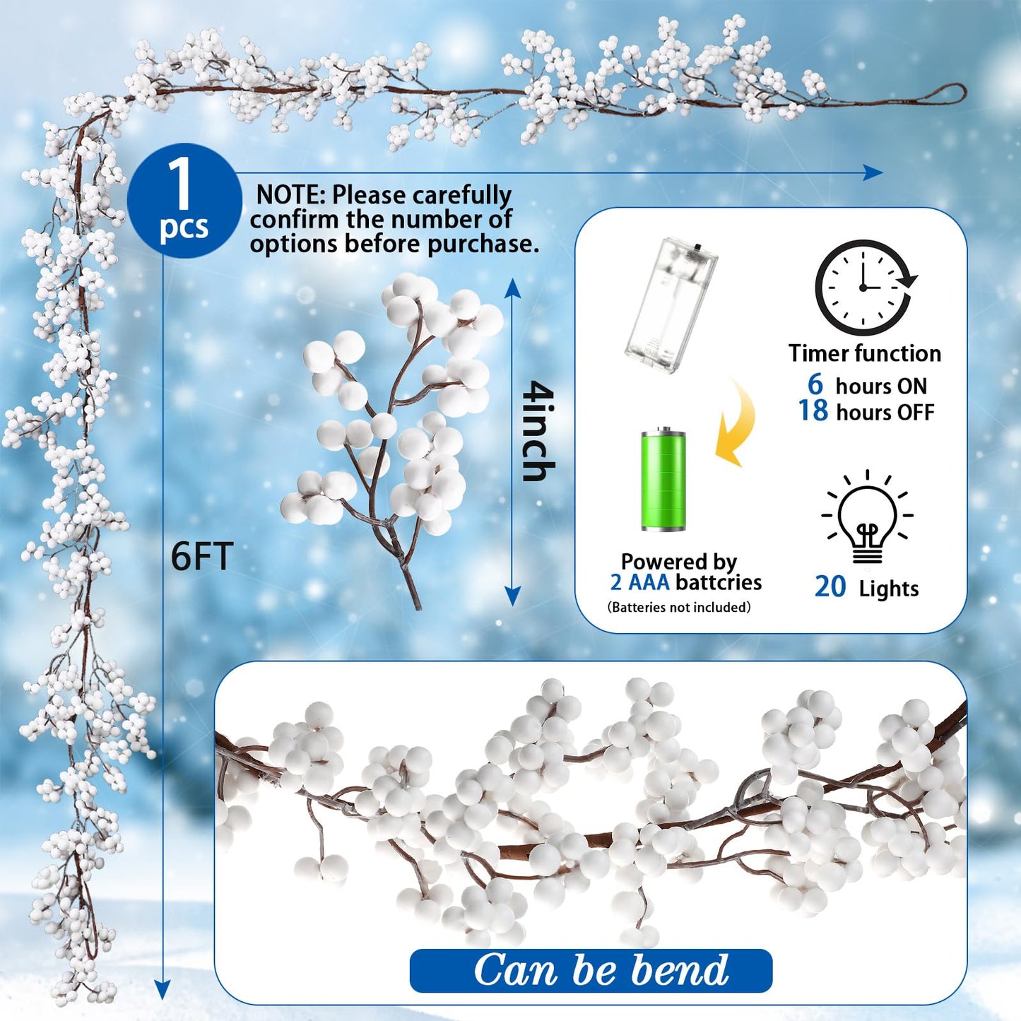 Syhood Winter Berry String Garland with Lights Thanksgiving Artificial Lighted Garland for Home Xmas Winter Tree Decor Office Fireplace Mantel Decoration Holiday Valentines, 6 Ft(White, 1 Pc)