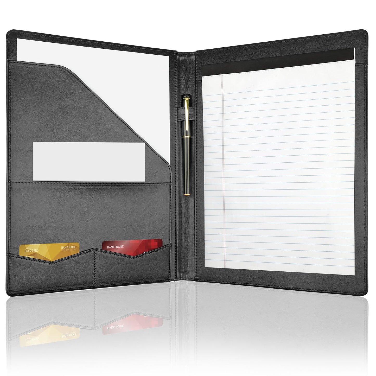 MOWPOG Professional Padfolio Portfolio Binder, Faux Leather Interview Resume Folder, Letter Size A4 Legal Writing Pad Holder, Document Organizer for Business School Office Conference (Black)
