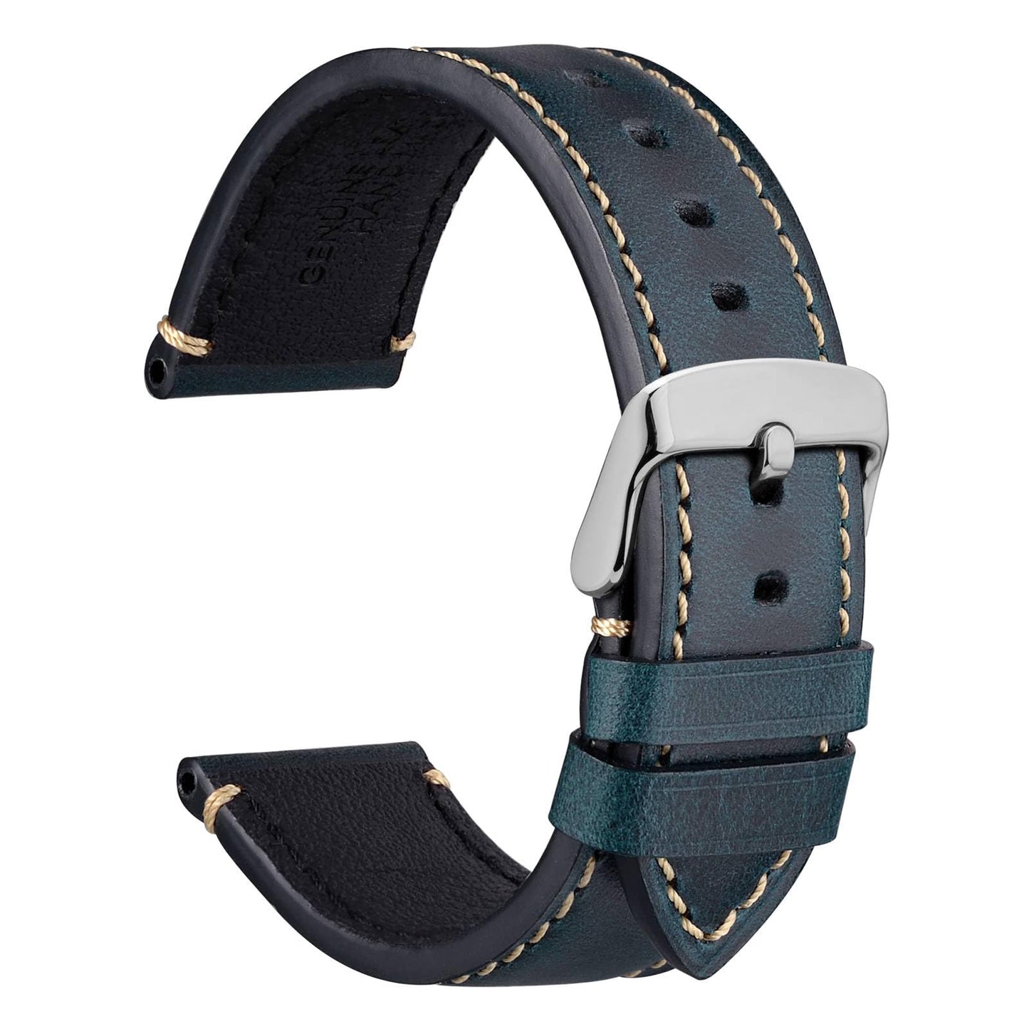 WOCCI 20mm Watch Band, Pull Up Leather, Polished Silver Buckle (Midnight Blue)
