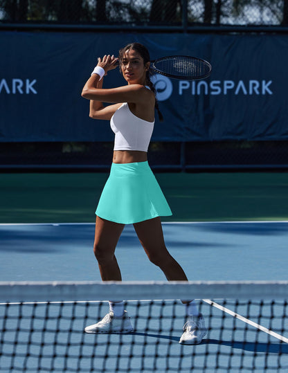 PINSPARK Pleated Tennis Skirt with Pockets Athletic Skort Women for Golf Pickleball Workout Tummy Control,Turquoise Large