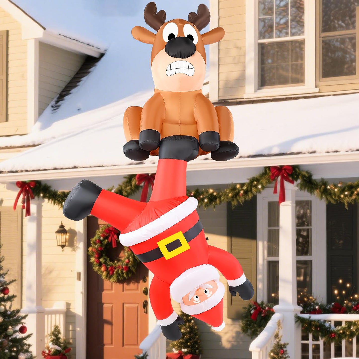 Christmas Inflatable Roof Outdoor Decorations, 8FT Inflatables Reindeer & Climbing Santa, LED Lights Blow up Holiday Hanging Decor for Window Indoor Rooftop Outside Balcony Garden Restaurant Café