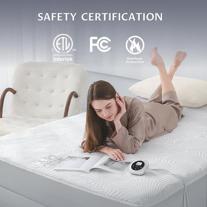 King Size Electric Heated Mattress Pad - Bed Warmer with Memory & Preheat Functions, 12 Heat Settings Dual Control for 1-12 Hours Auto Off, Lighted Button