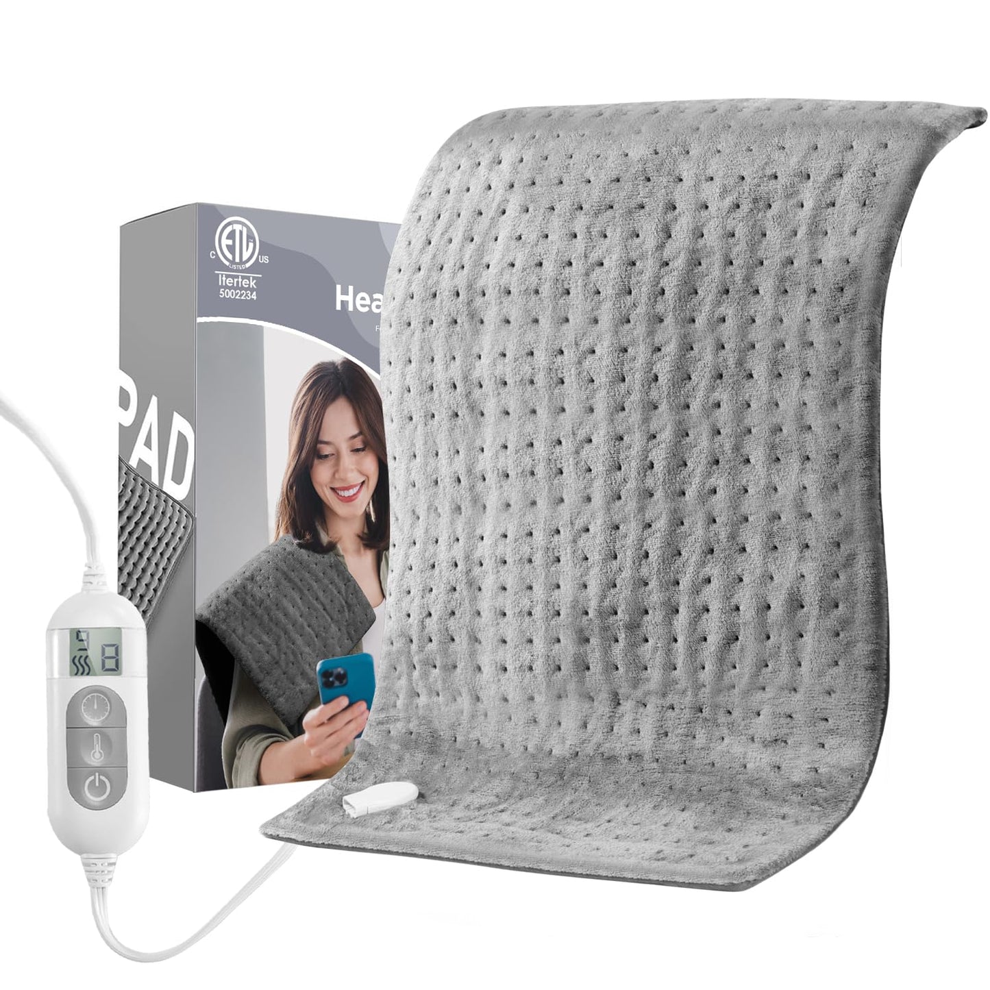 Heating Pad for Back & Cramps Relief,Electric Heat Pad Fast Heat,6 Level Heat Setting,3 Level Timming,Auto Shut Off, Machine Washable,Suitable for Back,Neck,Abdomen Pain Relief (Dark Grey, 17''×33'')