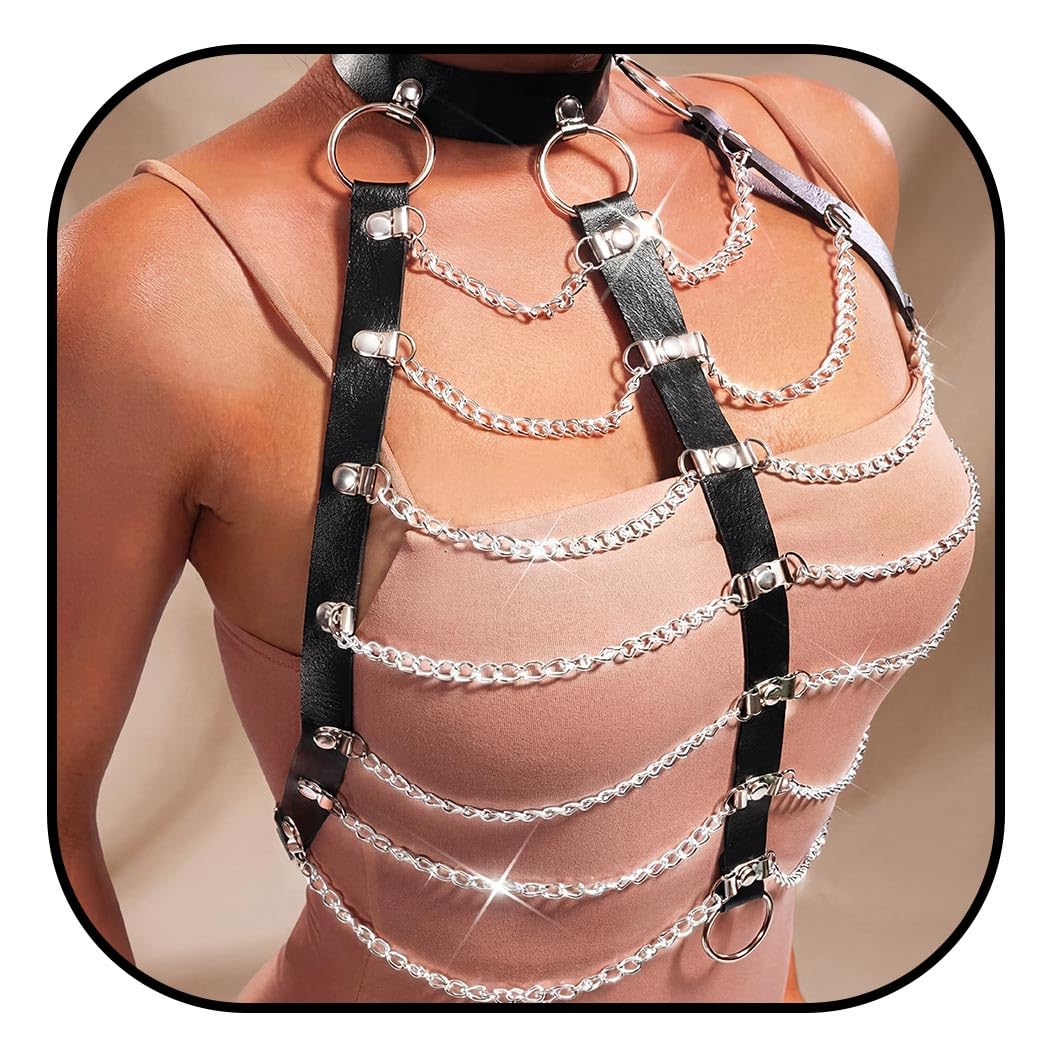REETAN Leather Chest Harness Chain Gothic Rave Black Fashion Body Accessories for Women