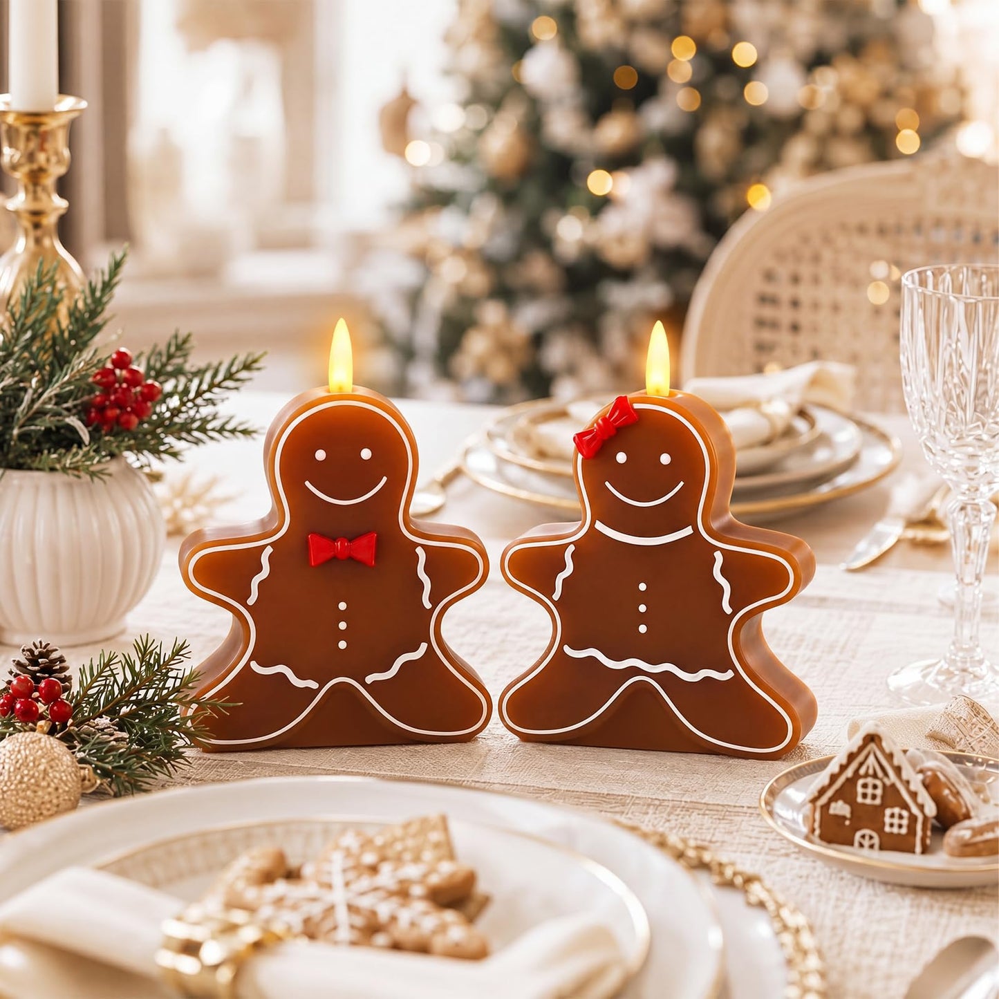 VIHOSE 2 Pcs Christmas Gingerbread Man Flameless Candles 4.53 x 5.59 x 2.76 inch Real Wax Gingerbread Man Battery Operated LED Candles Christmas Table Decoration for Xmas Winter Home Table Decor