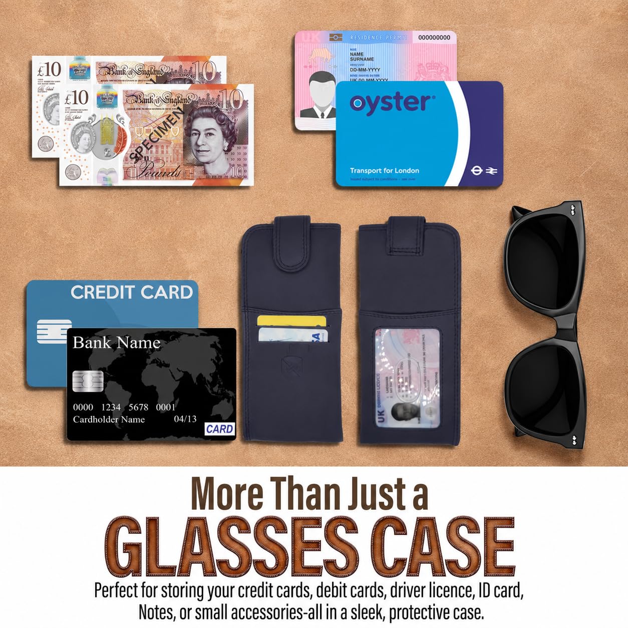 ALLEN & MATE 100% Leather Glasses and Sunglasses Case with Card Slots Protective Holder for Reading Glasses Eyewear & Shades