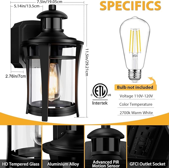 Porch Lights with Outlet, 2 Pack Outdoor Motion Sensor Lights, Dusk to Dawn Exterior Light Fixture, Anti-Rust Waterproof Outdoor Wall Light, Aluminum Outside Lights for House Patio Front Door Garage