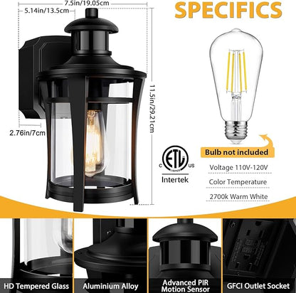 Porch Lights with Outlet, 2 Pack Outdoor Motion Sensor Lights, Dusk to Dawn Exterior Light Fixture, Anti-Rust Waterproof Outdoor Wall Light, Aluminum Outside Lights for House Patio Front Door Garage