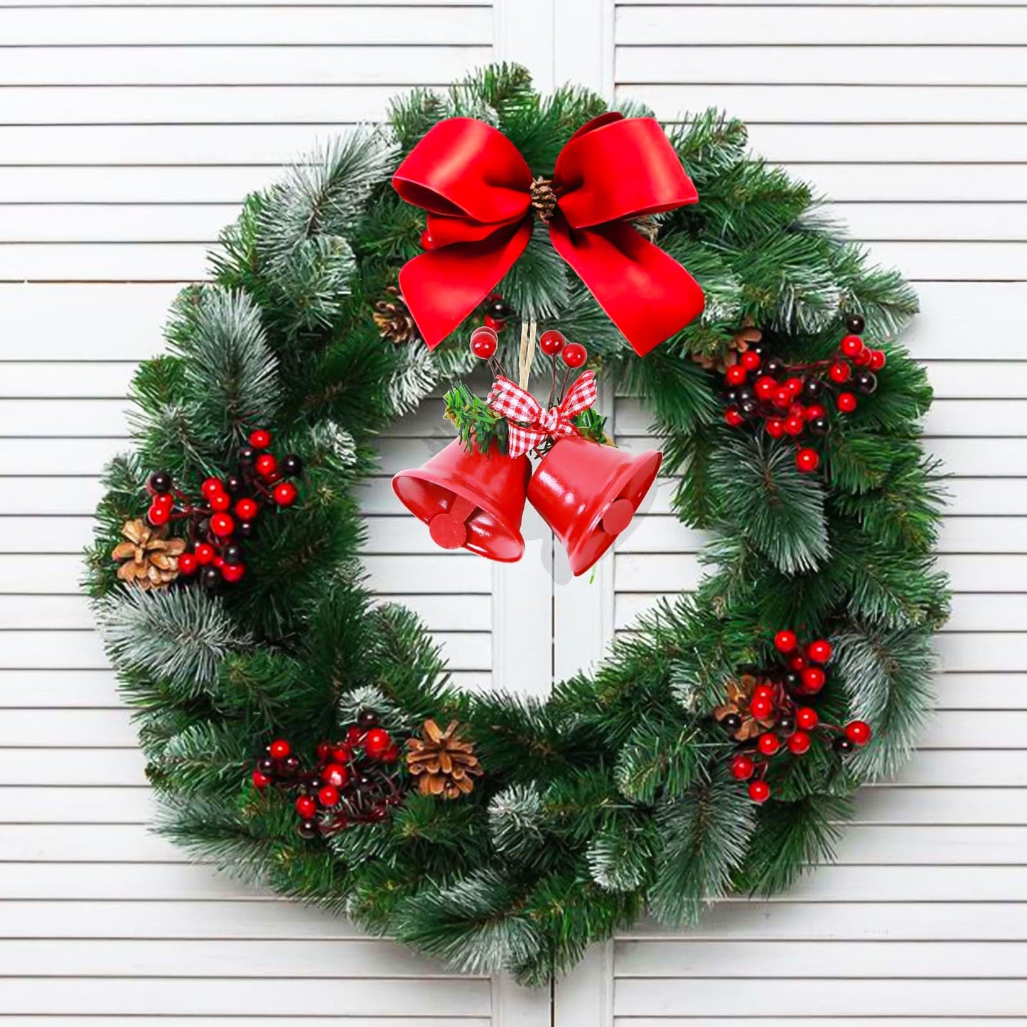 Christmas Jingle Bells Metal Decorative Bells Xmas Tree Ornaments for Wreath Holiday Crafts Rustic Home Hanging Decor Wind Chimes, Red White Gold (6 Pcs)