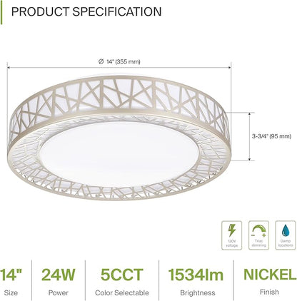 ASD 14 Inch LED Flush Mount Ceiling Light Fixture for Bedroom, 24W 1534LM 5CCT 2700K-5000K, Triac Dimmable Lights, Dining, Living Room, Kitchen Lamps, Modern Home Lighting Fixtures, Nickel, ETL