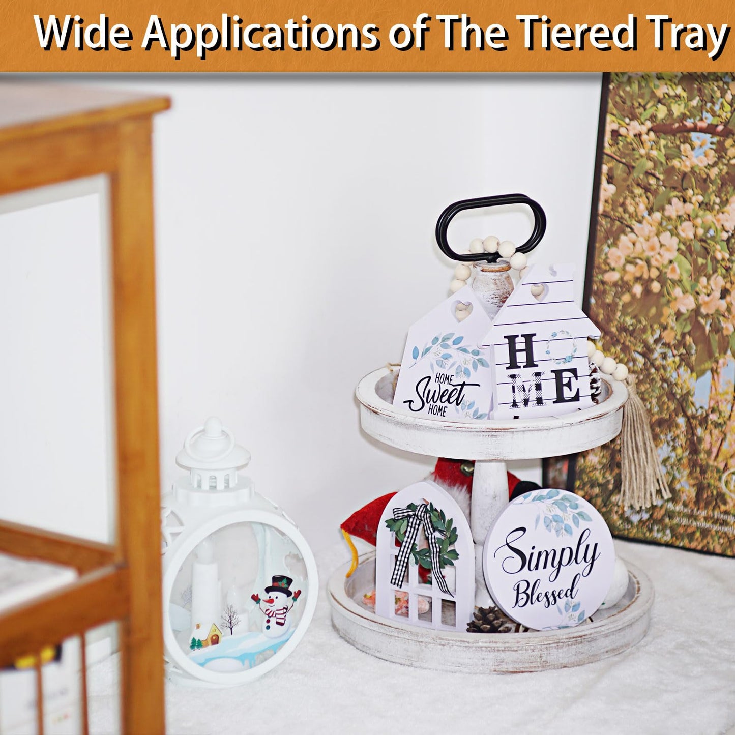 Decorative Tray - Two Tiered Tray Cupcake Stand Farmhouse Rustic 2 Tiered Serving Tray for Home and Kitchen Decor, Party, Weddings-Holiday Decoration Customizable Display Options(White)