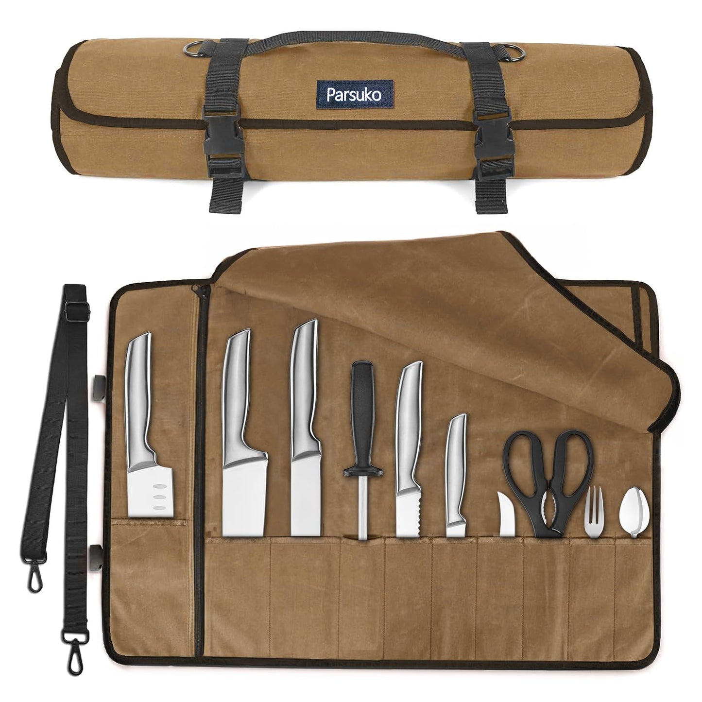 Chef Knife Roll Bag,Waterproof Waxed Canvas Knife Case Holds,Knives Roll Bags for Chefs Professional with Adjustable Strap,Chef Backpack (Brown)