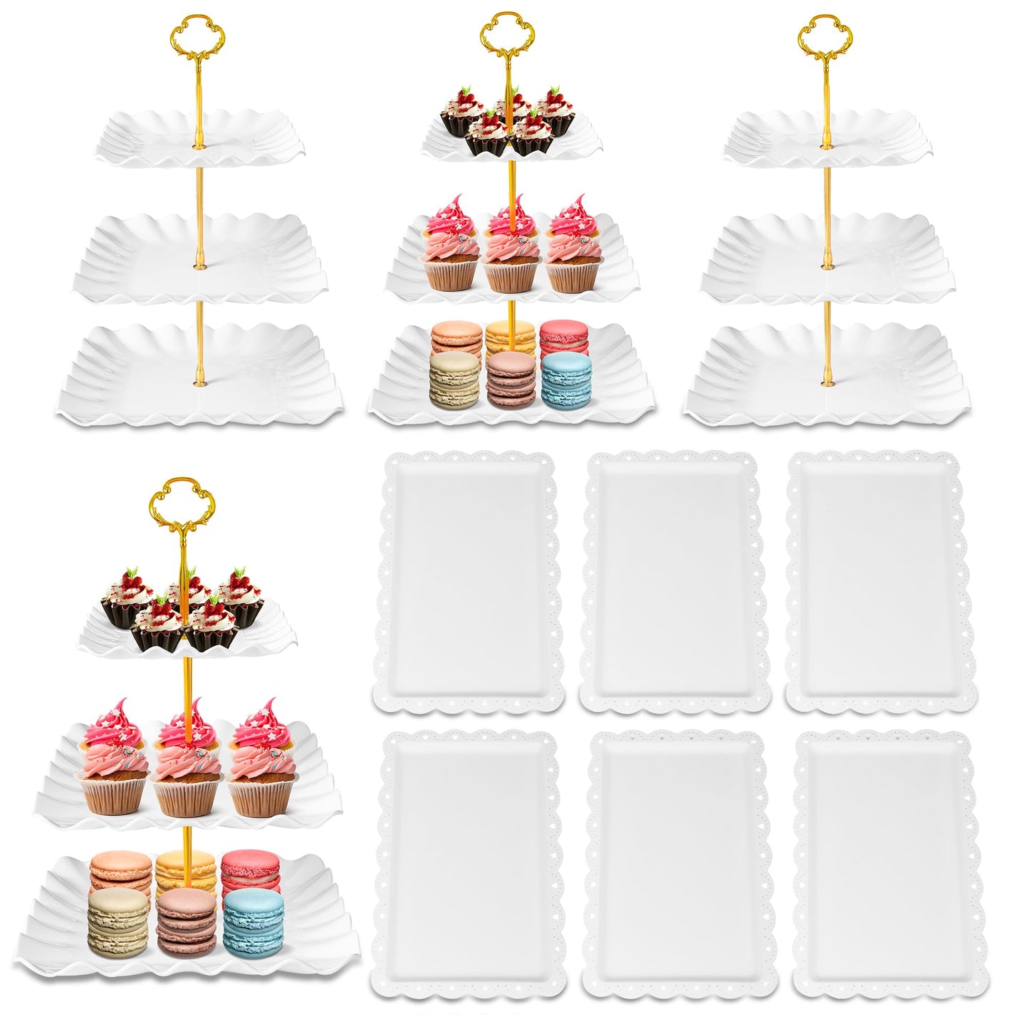 10 Pack Dessert Table Display Set - 4 x Three-Tier Square Cupcake Stands and 6 x Serving Trays, Elegant Tableware for Cakes, Cupcakes, Pastries, and Snacks, Perfect for Parties (White)
