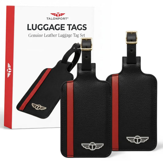 Talonport Genuine Leather Luggage Tag with Privacy Flap Set for Men Women Travel Easy with Suitcase Tags Identifiers (Black, 2 Pack)