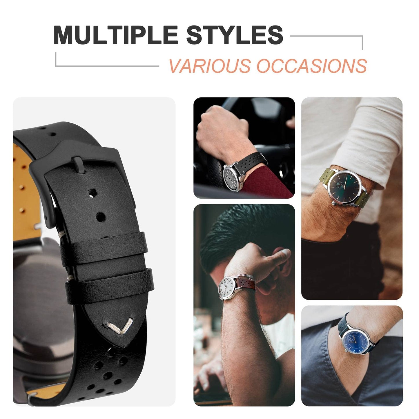 ANNEFIT Vintage Leather Watch Strap 18mm, Quick Release Replacement Band for Men and Women with Black Buckle (Black)