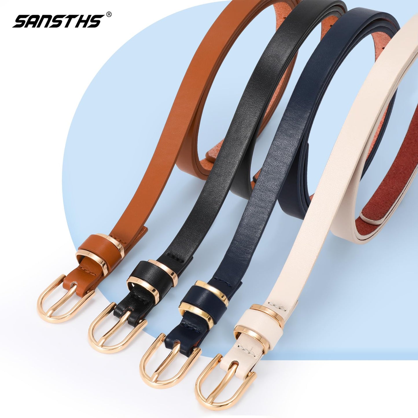 SANSTHS 4 Pack Women Thin Belts for Jeans Dresses Coats Skinny Women Belt with Gold Alloy Buckle, Black+Brown+Blue+Beige M