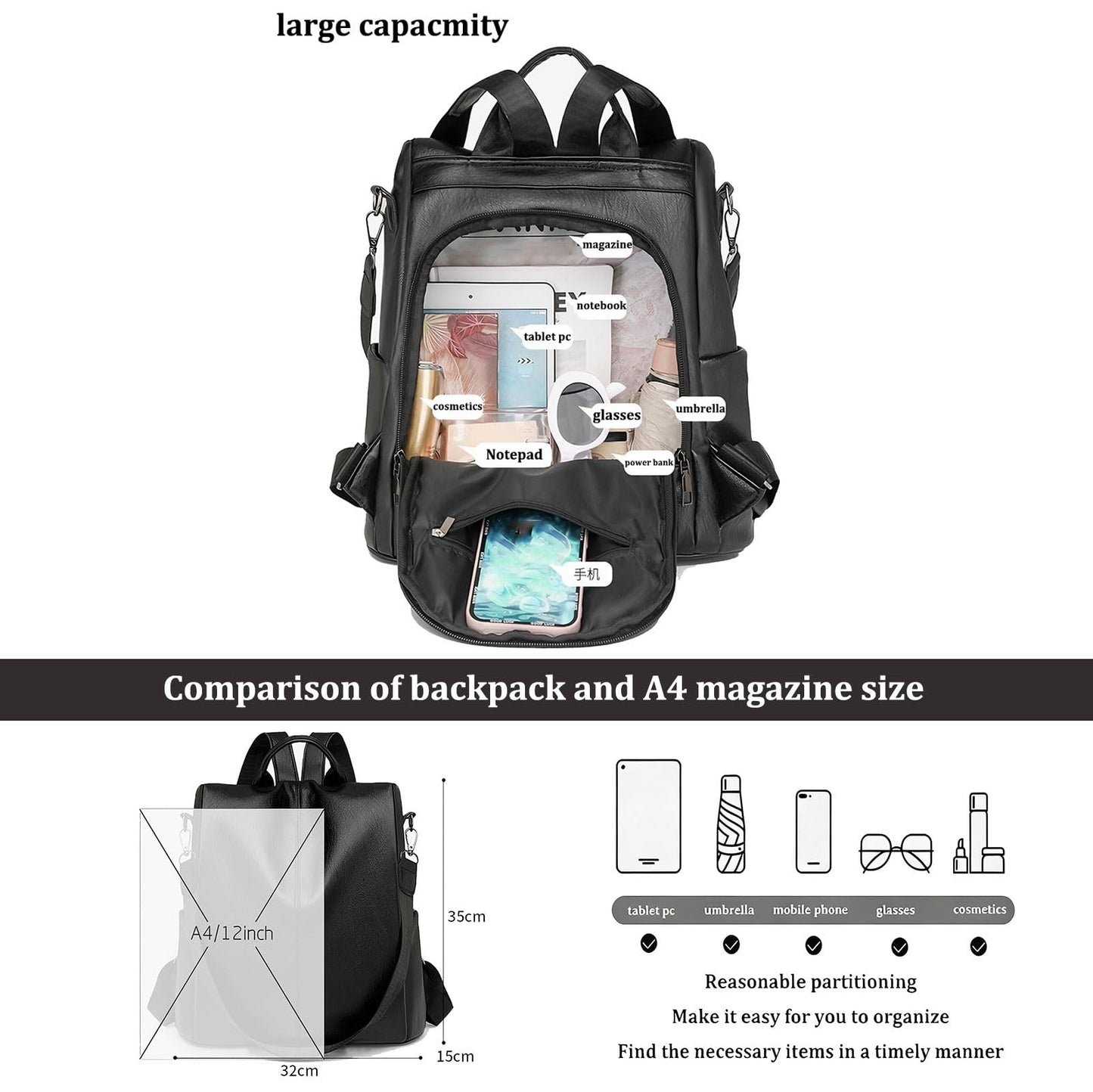 LY&SQ Women Anti-theft Backpack Purse, PU Leather Travel Rucksack Fashion Multipurpose Handbag Ladies Daily Work Shoulder Bags(Black)
