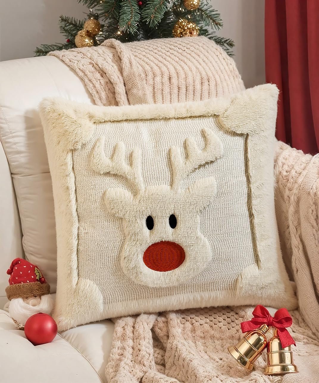 SEGXCFL Christmas Pillow Covers Set of 2 Soft Plush Faux Fur Pillow Cases 3D Embroidered Decorative Couch Cover Home Decor Christmas Throw Pillow Covers 18x18,Beige Reindeer