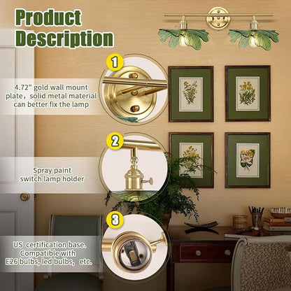 2 Light Bathroom Vanity Lights Over Mirror, Gold Wall sconces with Green Glass Shade Bathroom Sconce mid Century Wall Sconce Light Vintage Wall Lighting Fixture for Bedside Bedroom Doorway
