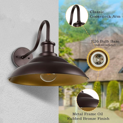 Outdoor Gooseneck Barn Light Fixture, 16 Inch Dome Large Wall Sconce, Farmhouse Exterior Wall Mount Light for House Garage Patio Doorway, Oil Rubbed Bronze, 1 Pack