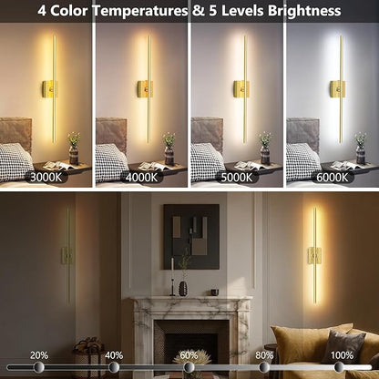 Eneru Battery Operated Wall Sconce Lights - 10000mAh Rechargeable Wireless Wall Sconces Set of Two with Touch and Remote, 360° Rotate, 4 Colors LED Wall Lamp for Living Room Bedroom Hallway (Gold)