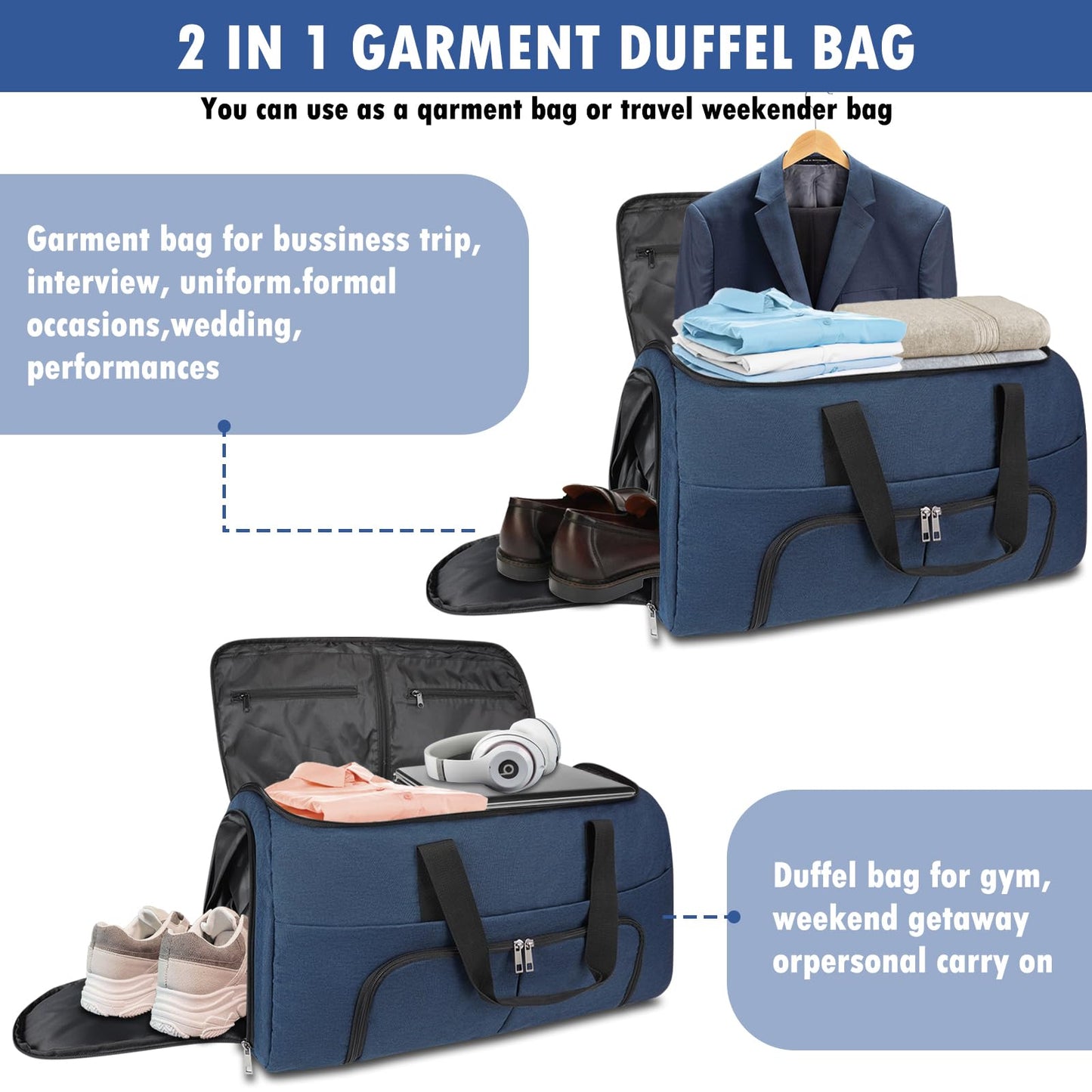 Pucuwu Garment Bags for Travel - Large Suit Bag for Men Carry On Garment Bag, Convertible Garment Duffle Bag with Shoes Compartment, 2 in 1 Hanging Dress Suitcase Suit Travel Bags (Dark Blue)