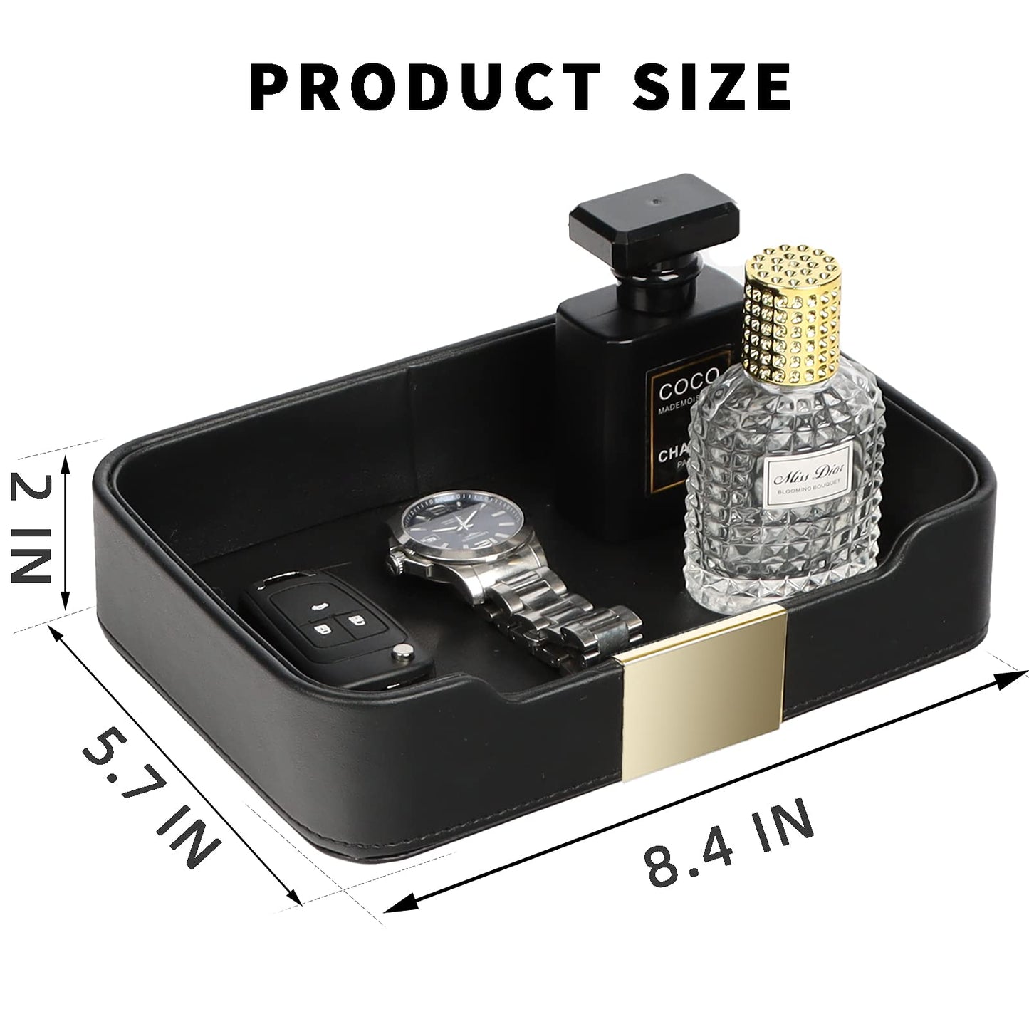 SANZIE Luxury Leather Tray Organizer Valet Tray Key Tray for Entryway Table Desktop Storage Catchall Tray Decorative Tray for Jewelry Keys Wallet Phone Watch (Metal Gilded, Black)