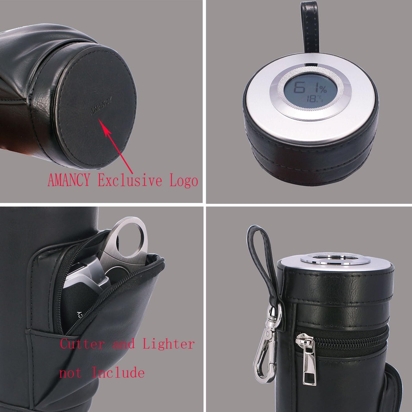 AMANCY Deluxe Top Lined Silver Metal Leather Cigar Travel Humidor Case, Great Cigar Gifts with Metal Clips for Golf Carts,Cylindrical Silver Cigar Holder Jar with Accurate Digital Hygrometer (Black)