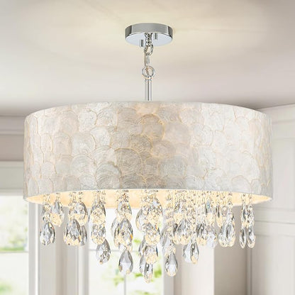 6-Lights Drum Capiz Shell Crystal Chandeliers, Coastal Style Pendant Light Fixture for Dining Room, Living Room, D24 x H23~71 inch(Adjustable), Shell Lampshade & Chrome Finish
