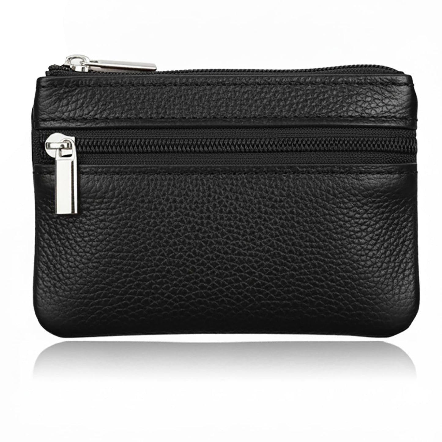 Hibate Black Small Mini Size Leather Coin Purse Change Pouch for Women Men Kids with Zip Key Ring
