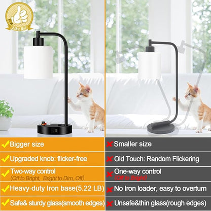 Lynnoland Set of 2 Industrial Table Lamps with USB C+A Ports and Outlet, Black Fully Stepless Dimmable Bedside Lamps, Nightstand Lamp with Opal Glass Shade for Reading Office (2 LED Bulb)