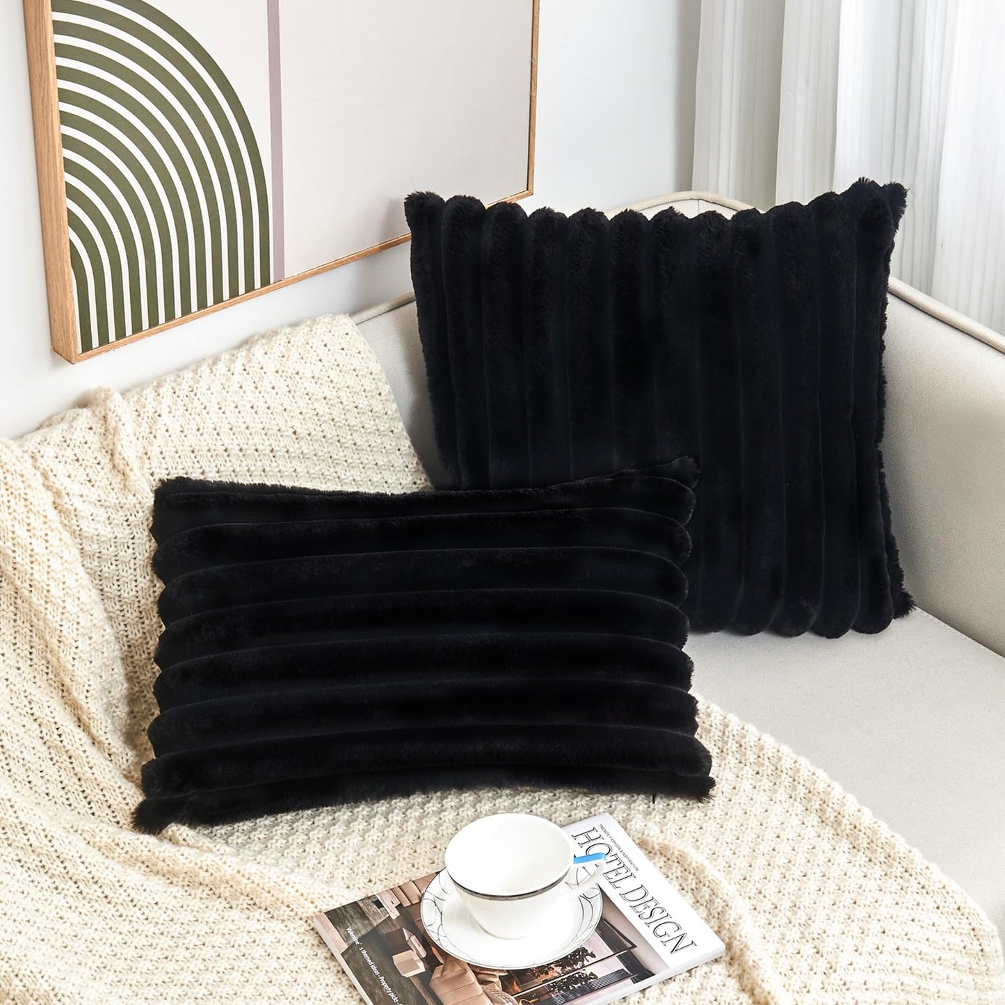 GriNeed Throw Pillow Covers Decorative Faux Fur Set of 2 18x18 Inch Pillow Covers, Soft Black Striped Pillowcases for Couch Sofa Bed Living Room, Fluffy Cute Home Boho Accent Fuzzy Decor