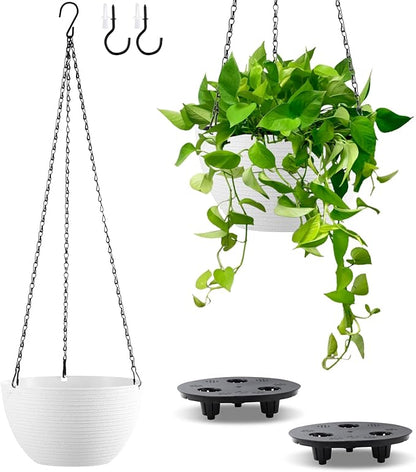 Set of 2 8 Inch Self Watering Hanging Planters for Indoor Outdoor Plants, Light Textured Hanging Baskets Flower Pots with Drainage Hole & Plug and 20" Chain Hanger