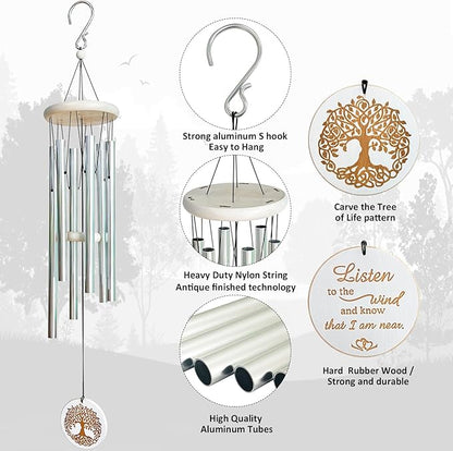 Wind Chimes Outdoors,33" WindChimes for Loss of Loved One,Memorial/Sympathy Gifts for Mother/Unisex/Father,Tree of Life Wind Chimes for Outside Zen Garden Home Yard Decoration (Silver)