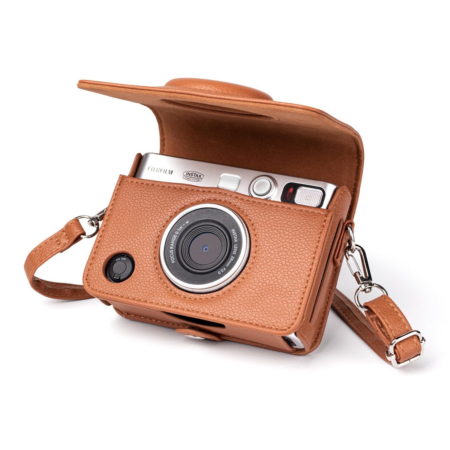 MUZIRI KINOKOO Instax Mini EVO Case with Photo Print Slot Lychee-Grain PU Leather Fuji Mini EVO Camera bag with Adjustable Shoulder Strap&Precise Charging Port&Detachable Protective Cover-Brown