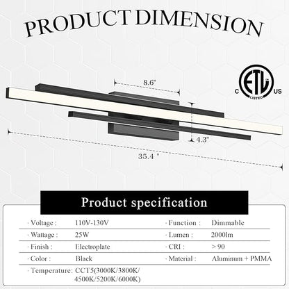 Black Vanity Light, 35" Modern LED Wall Light Long Wall Lamp for Bathroom Over Mirror Dimmable Hardwired Wall Mount Lighting Over Vanity Indoor 5CCT(3000K/3800K/4500K/5200K/6000K)