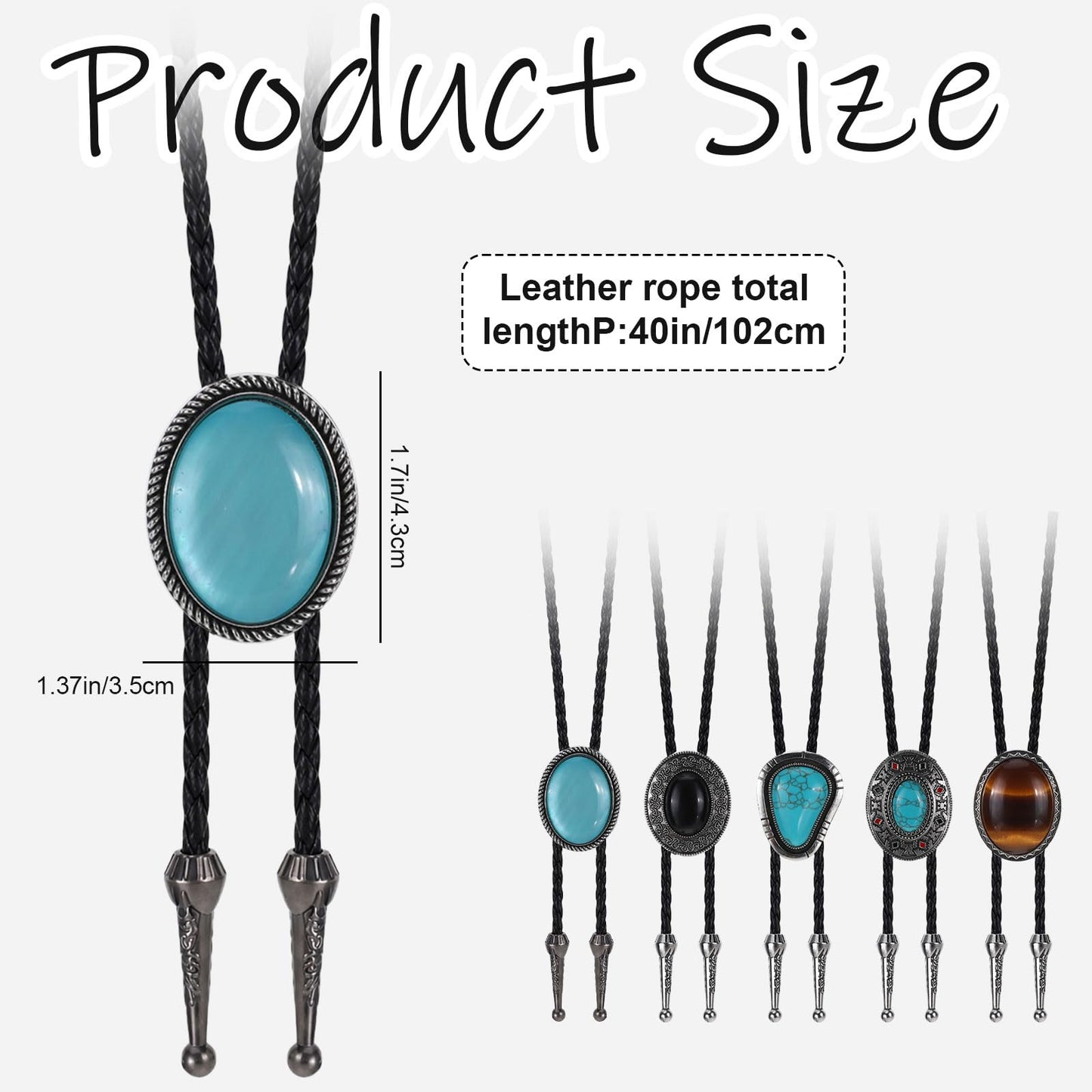 Suohheh 5 Pcs Bolo Tie for Men Women, Handmade Leather Adjustable Western Cowboy Necktie With Natural Tiger Eye Turquoise Black Agate Stone, Vintage Bolo Necklace Halloween Costume Accessories