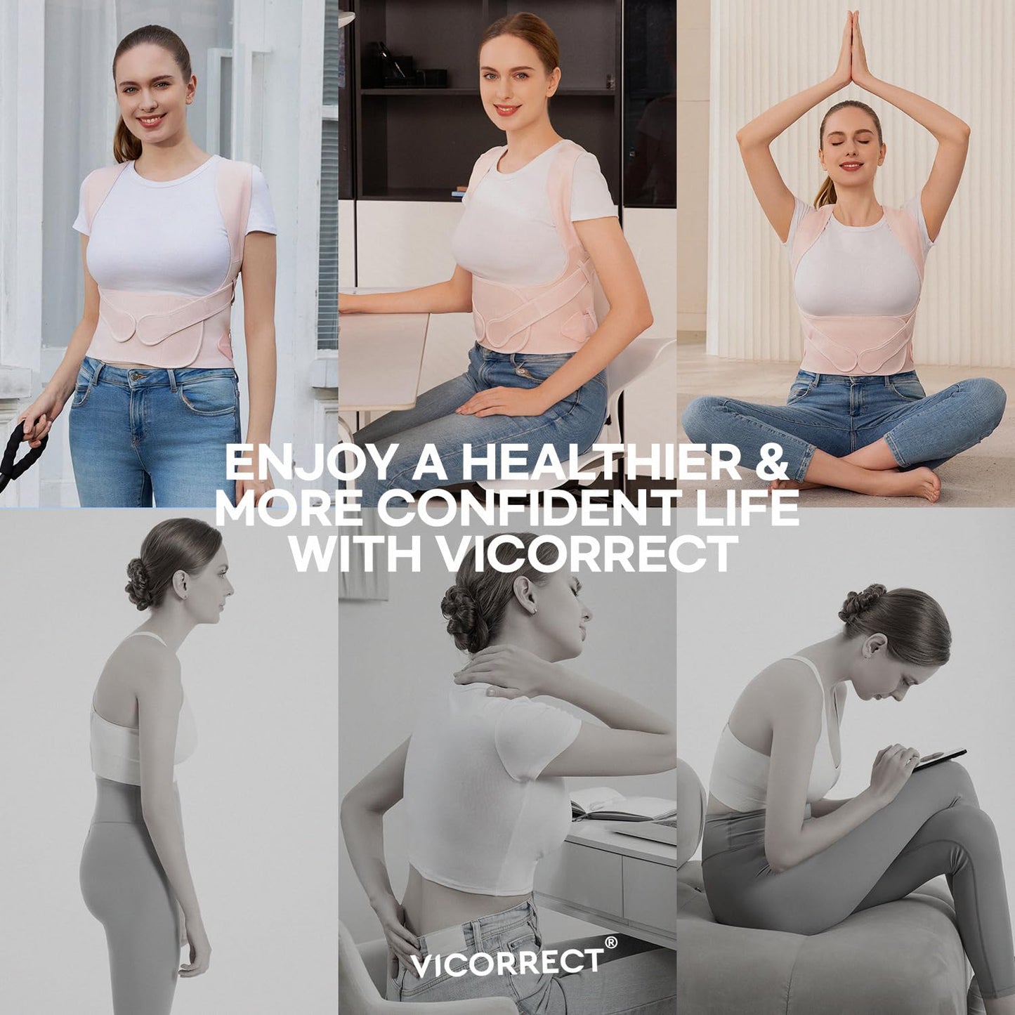 Vicorrect Posture Corrector for Women and Men: Back Support Brace Relieve Upper Back Shoulders Pain (Pink, Medium)