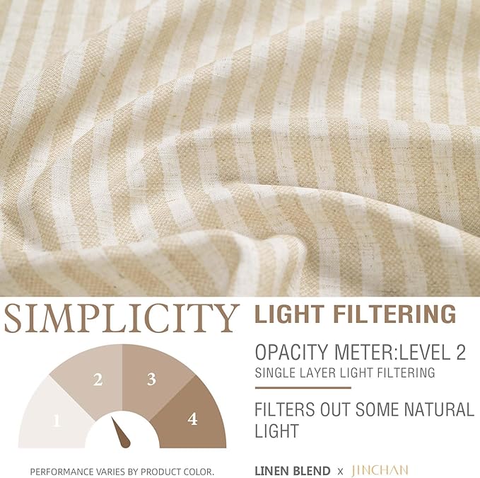 jinchan Tie Top Linen Kitchen Curtains 24 Inches Striped Tier Curtains Farmhouse Modern Cafe Style Small Window Treatments Airy Light Filtering Rod Pocket for Living Room Bathroom 2 Panels Beige