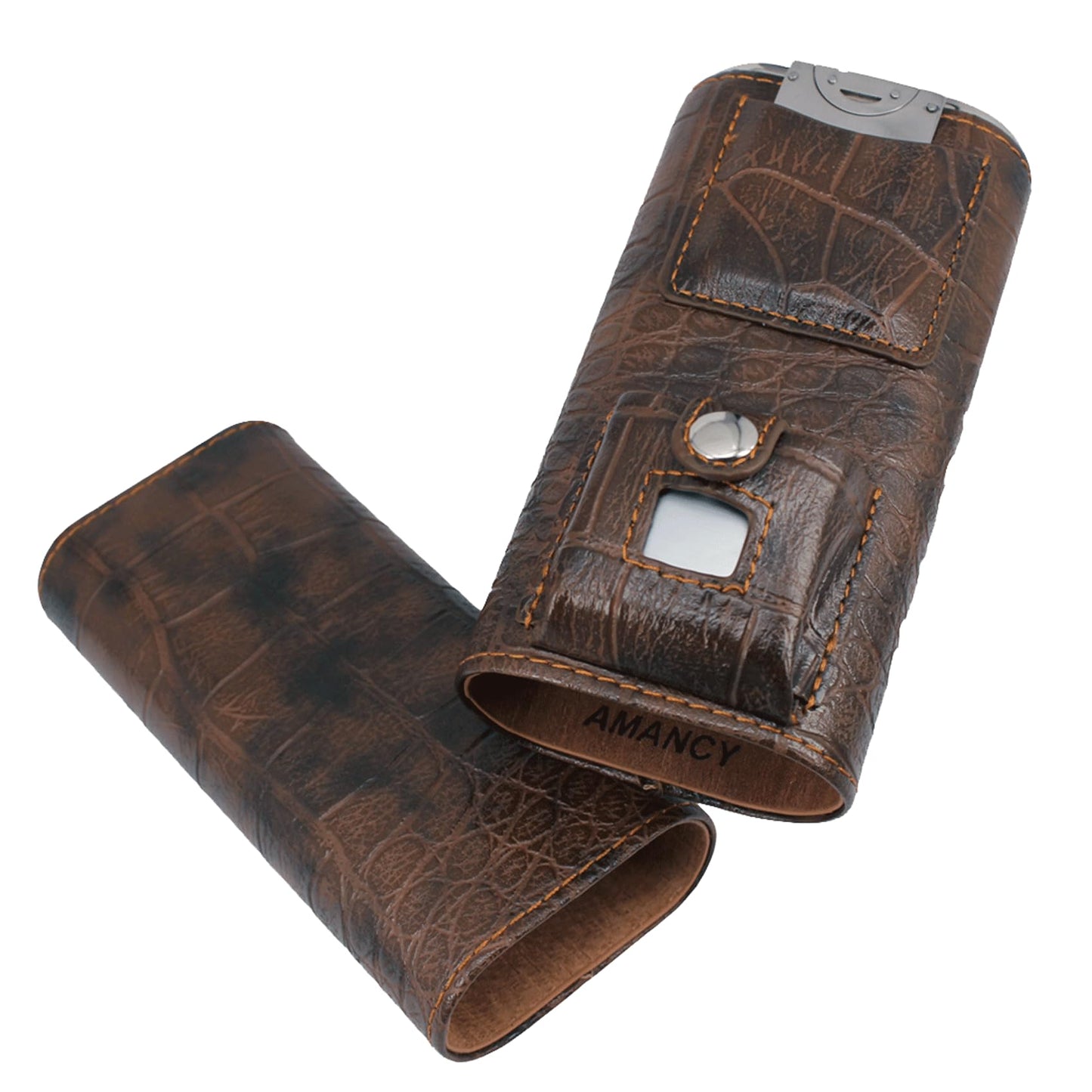 AMANCY Luxury 3 Holder Classy Black Brown Crocodile Pattern Leather Cigar Humidor Case Set with Lighter and Cutter - Great Cigar Gift Kit for men