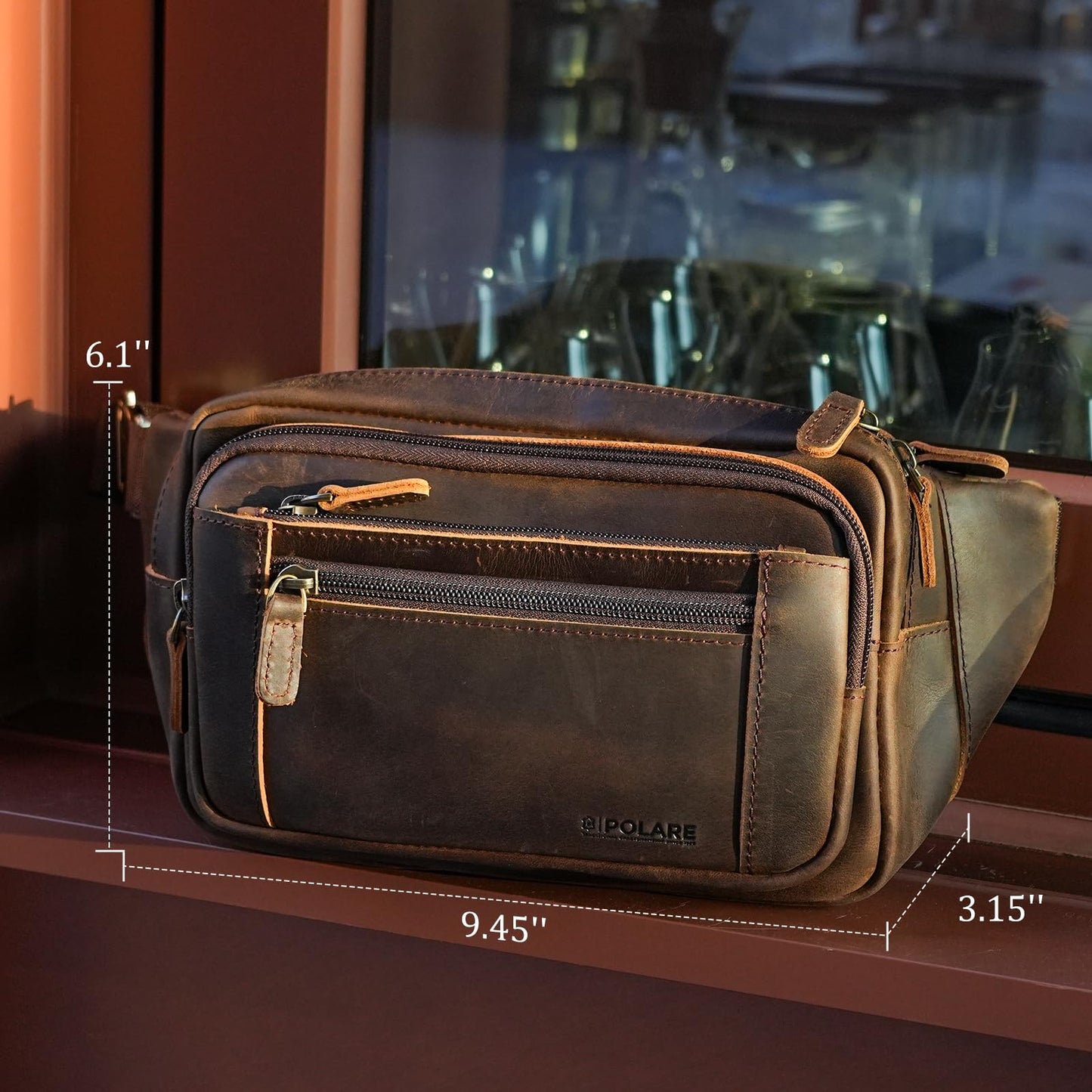 Polare Full Grain Leather Fanny Pack/Waist Belt Bag for Men and Women Large Capacity Crossbody Organizer For Travel Outdoor Sports Hiking Cycling Running