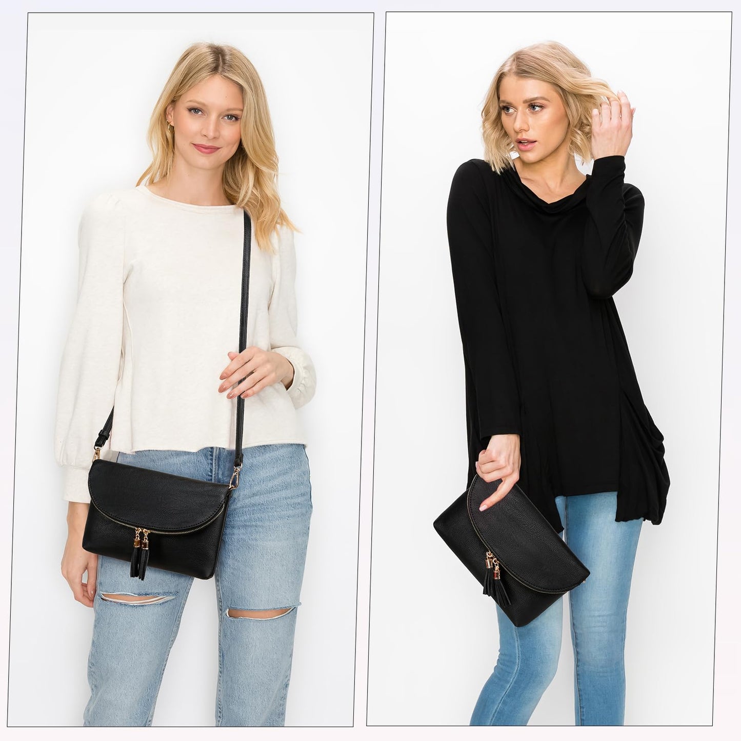 Solene Women's Envelop Clutch Crossbody Bag With Tassels Accent (WU075-Black)