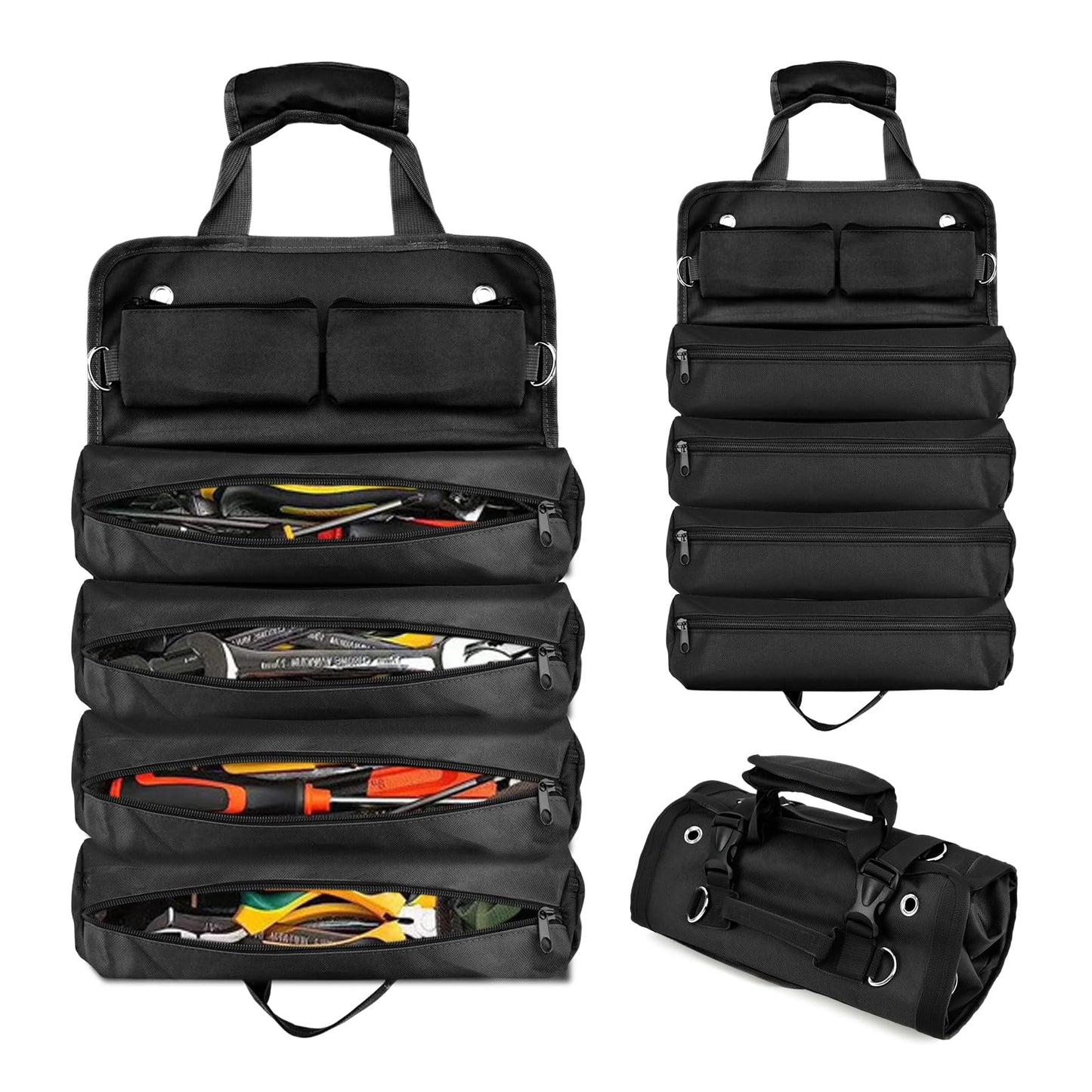 Roll Up Tool Bag, Heavy-Duty Waterproof Tool Roll Organizer with 4 Compartments and 2 Detachable Zipper Pouches, Compact Tool Storage for Mechanics, Electricians, RV and Motorcycle (Black)
