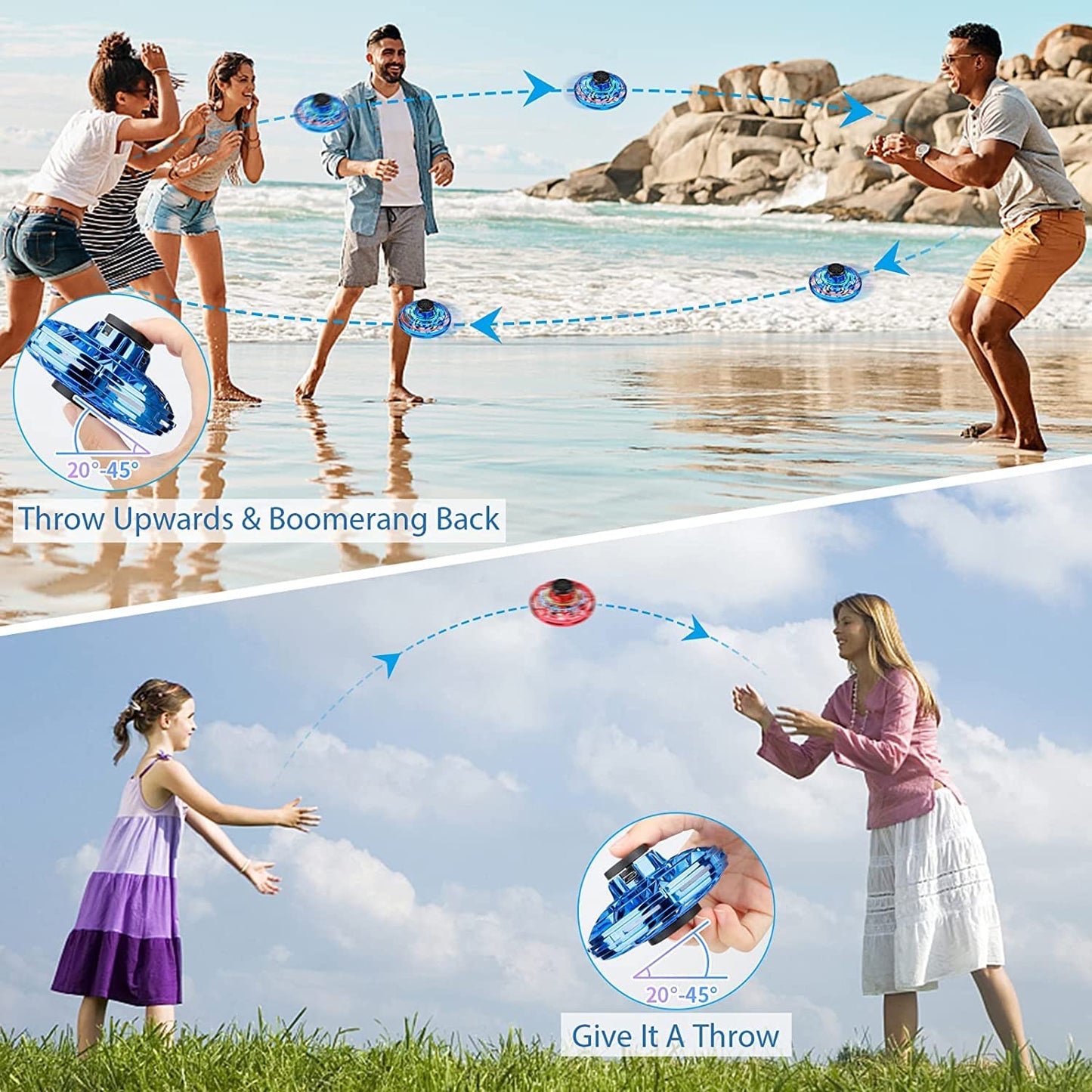 Flying Spinner Mini UFO Drone, Ifly Fly Fidget Spinner, iFly Hand Controlled Boomerang Drone Cool Stuff Toys Gifts for 8 9 10+ Year Old Boys Girls Teens Indoor Outdoor (Blue)
