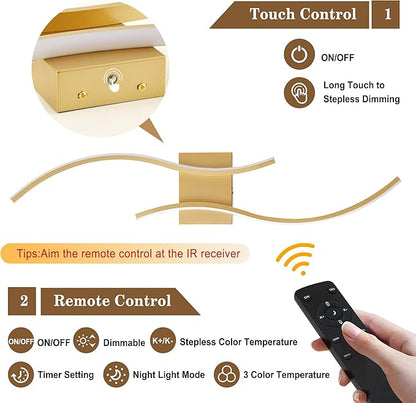 Battery Operated Wall Sconces with Remote Control, Stepless Colors 3000K-6000K & Dimming, LED Gold Wireless Wall Light for Living Room, Hallway, Bedroom, 27.5 Inch (1 Pack)