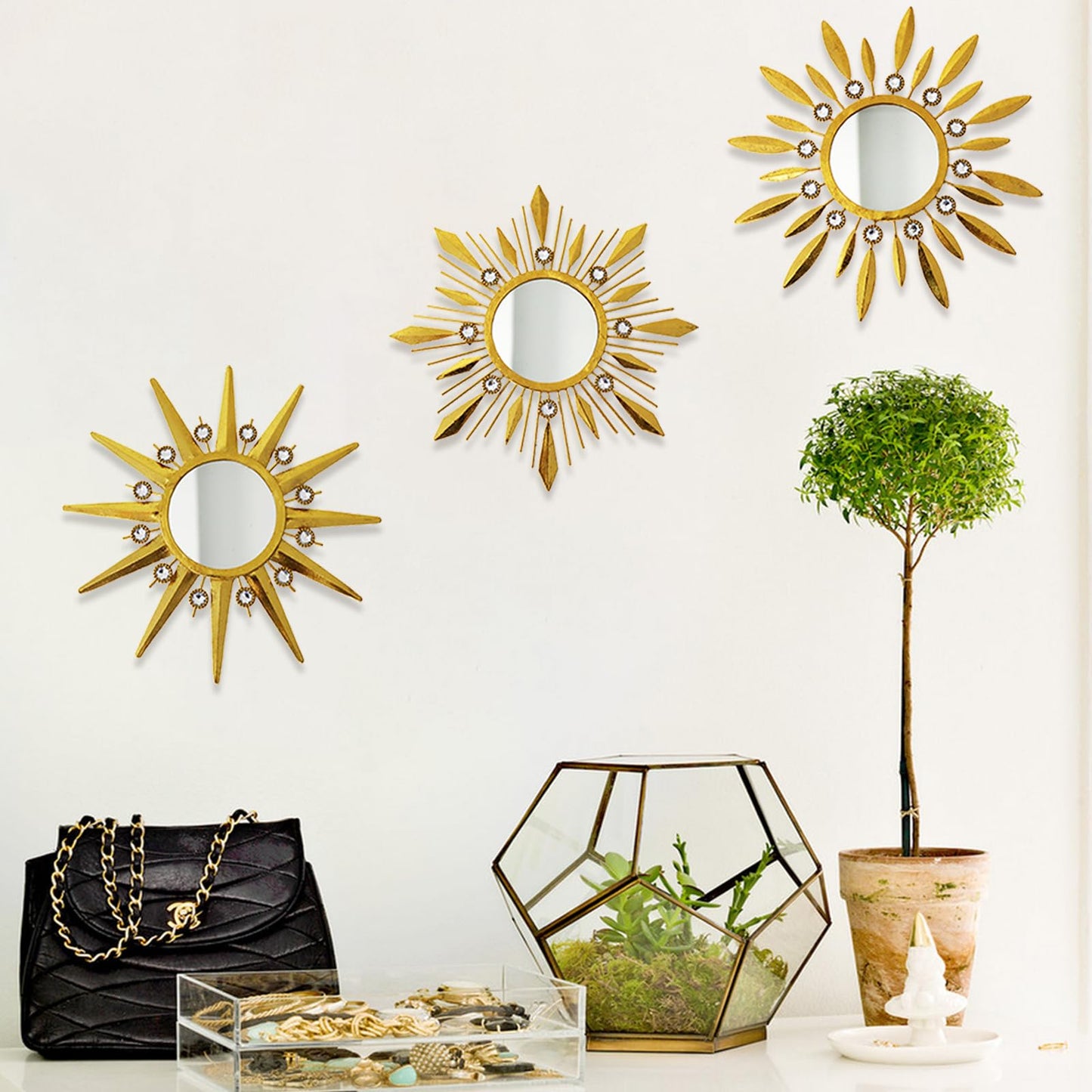 Champagne Gold Round Mirrors for Wall Art Pack of 3 Decorative Mirror