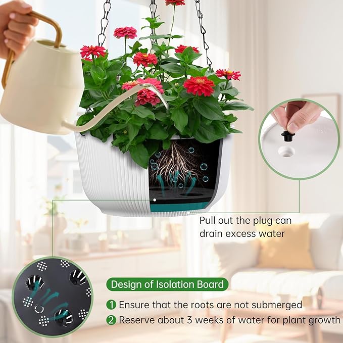 Set of 2 9 Inch White Self Watering Hanging Planters for Indoor Outdoor Plants, Thickened Hanging Flower Pots with Drainage Hole & Plug and 20" Chain Hanger