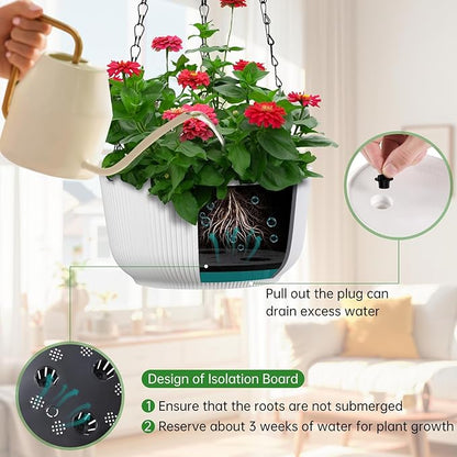 Set of 2 9 Inch White Self Watering Hanging Planters for Indoor Outdoor Plants, Thickened Hanging Flower Pots with Drainage Hole & Plug and 20" Chain Hanger