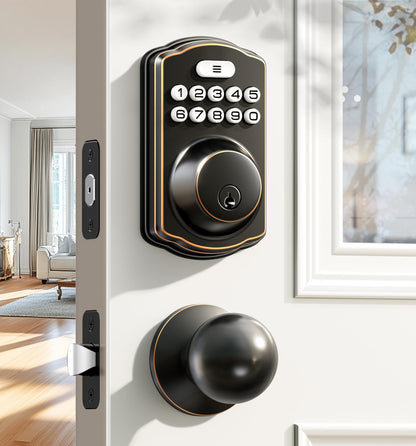 Veise Keyless Entry Door Lock with 2 Knobs, Electronic Backlit Keypad Deadbolt with Handle Set, Auto Lock, One-time Codes, Smart Deadbolt for Front Door, Easy Installation, Matte Black