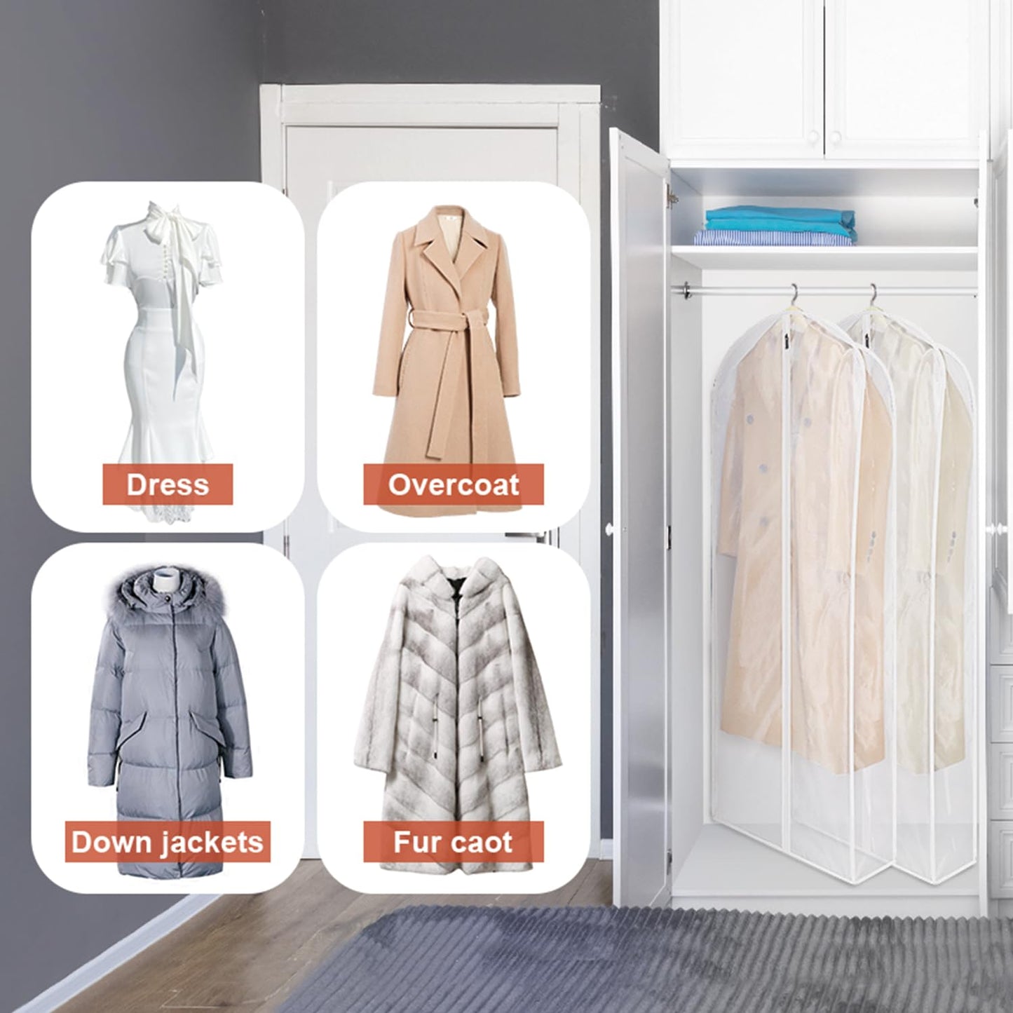 Zilink Breathable Leather Jacket Coat Storage Bags 60” Dress Bags for Gowns Long Dust Covers for Hanging Clothes with 7" Gussted Wrinkle Free for Leather Jacket Fur Coat Puffy Dress Storage, Set of 2